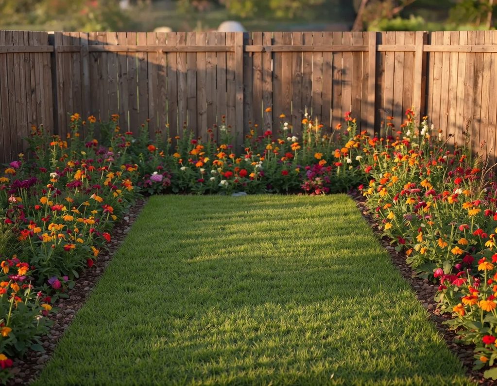 Bunter Gartenweg mit blühenden Blumen an den Seiten und einem gepflegten Rasen.
