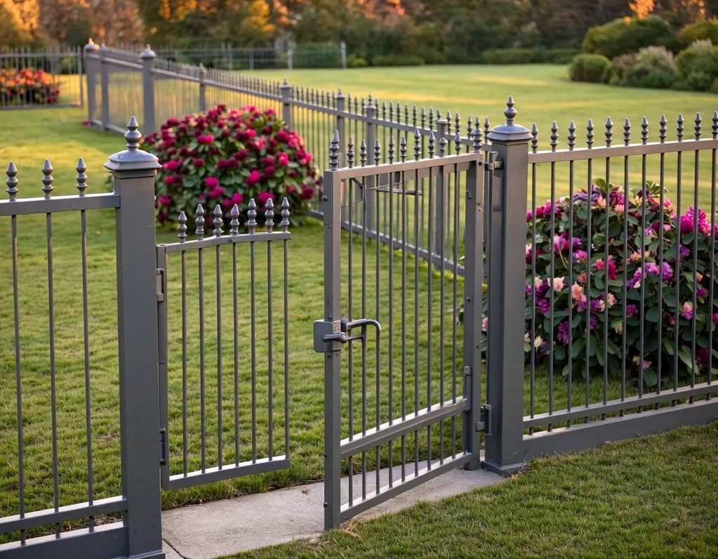 Eisenzaun mit offener Tür und blühenden Sträuchern im Hintergrund.