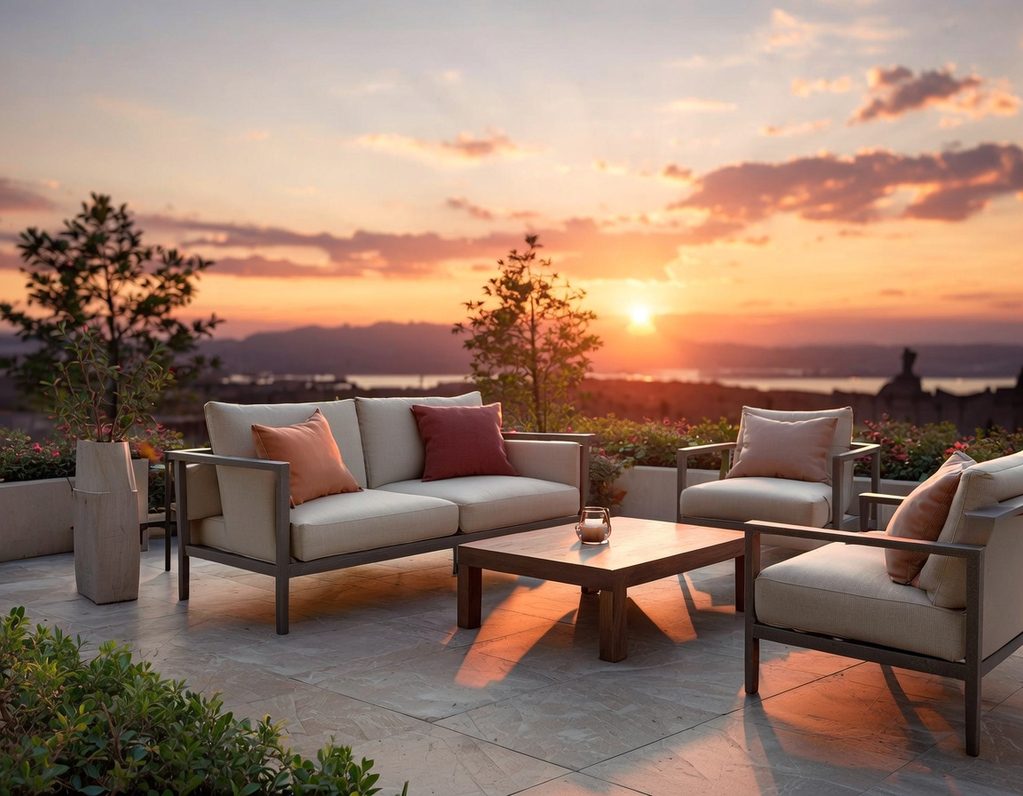 Terrasse mit gemütlichen Möbeln, Sonnenuntergang über einer Landschaft.