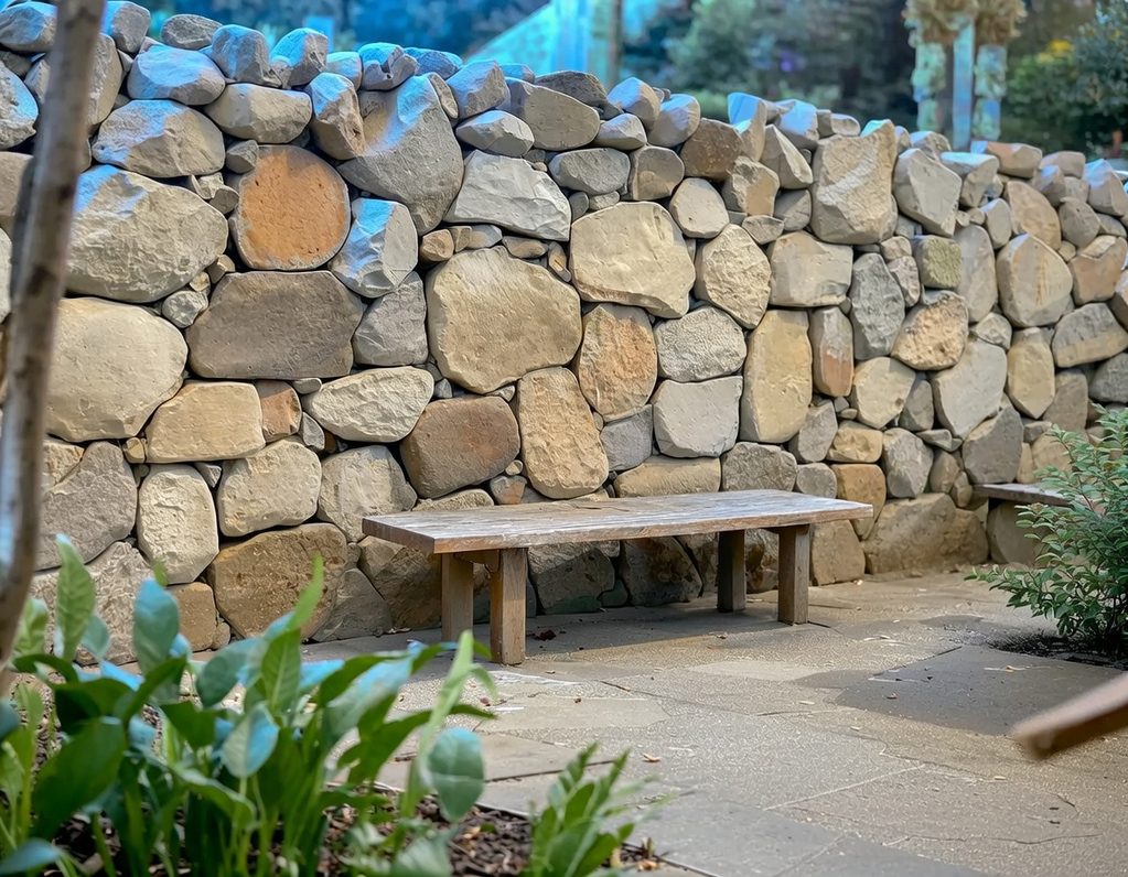 Holzbank vor einer steinernen Wand, umgeben von Pflanzen in einem Garten.