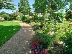 Blühender Gartenweg mit bunten Pflanzen und Bäumen unter blauem Himmel.