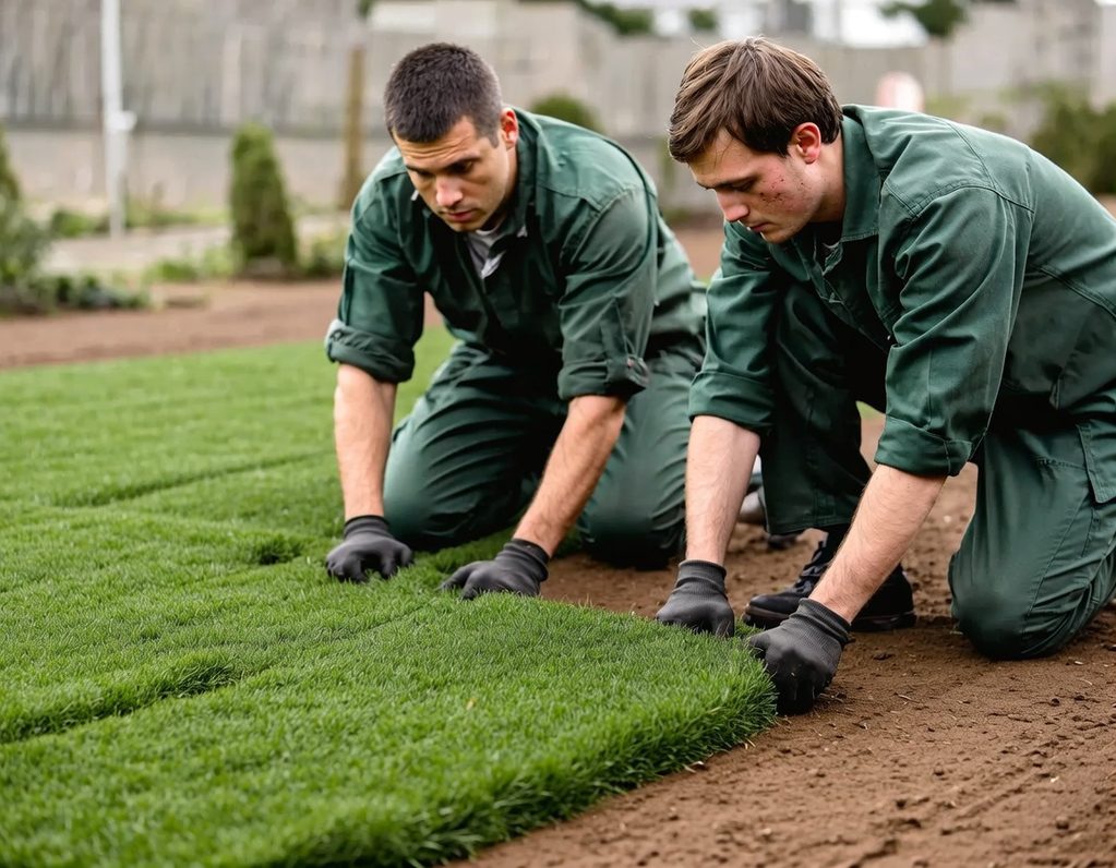 Zwei Männer verlegen Rollrasen auf einem vorbereitetem Gartenboden.