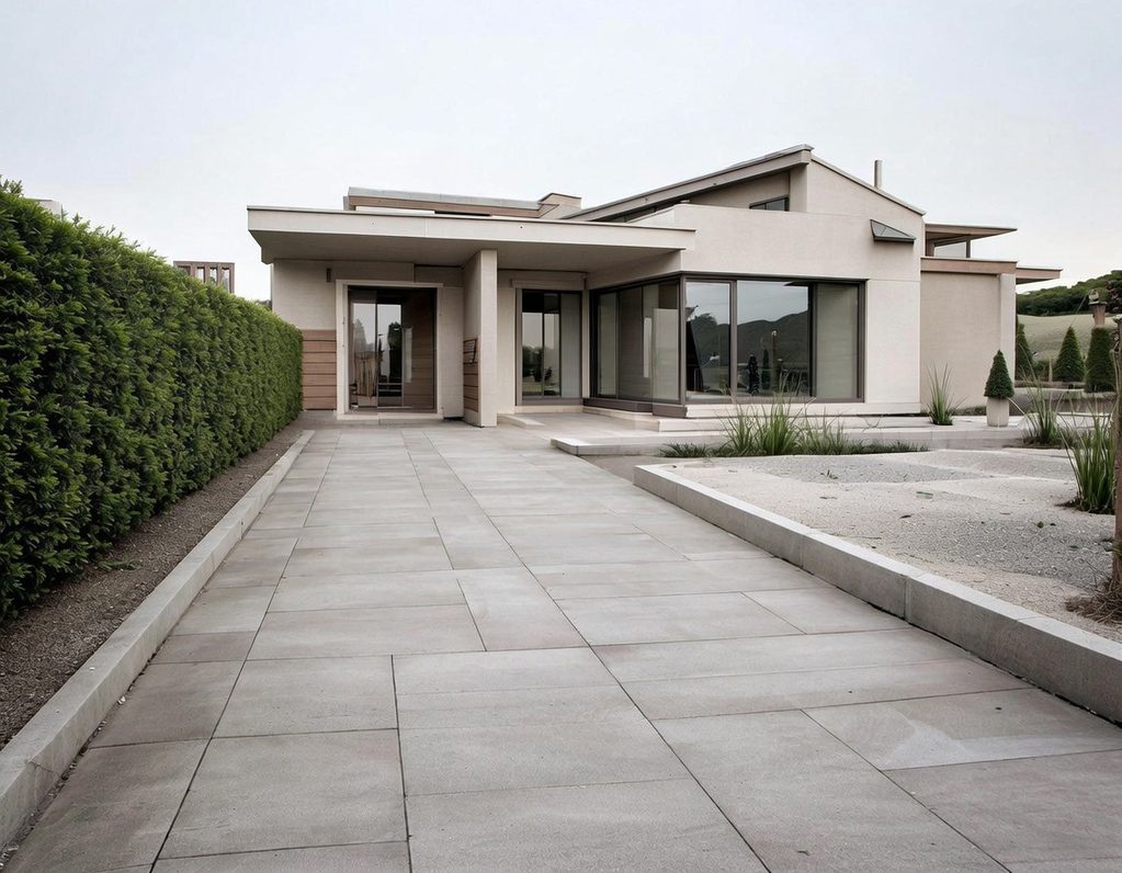 Moderne Villa mit schlichter Fassade und gepflastertem Gehweg, umgeben von Landschaftsgestaltung.