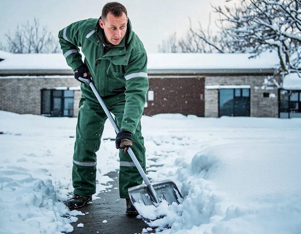 Mann schaufelt Schnee vor einem Gebäude im Winter.