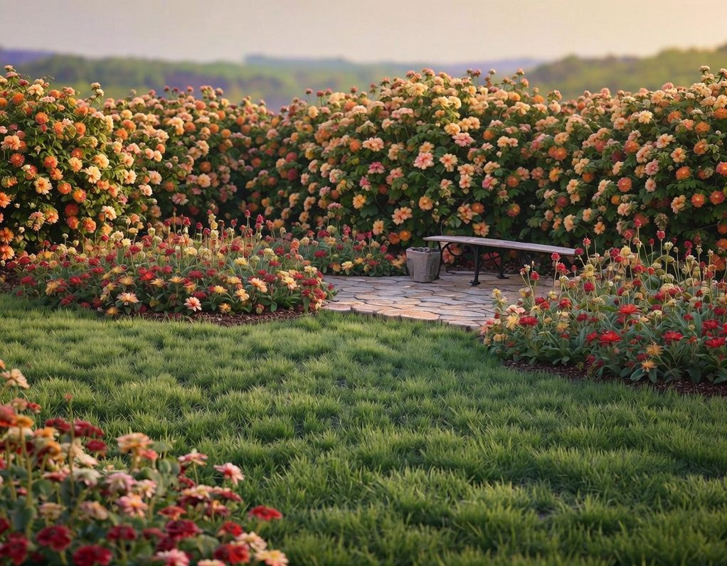 Blühender Garten mit bunten Blumen und einer Holzbank in der Mitte.
