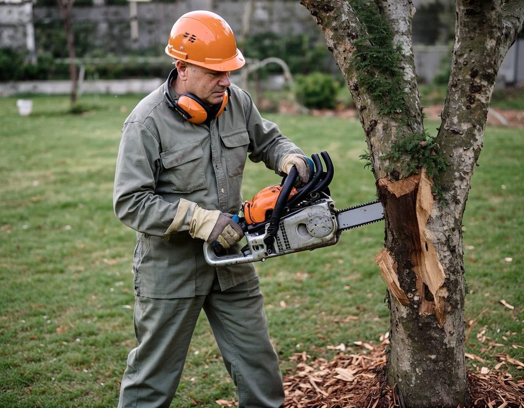 Mann mit Kettensäge schneidet einen Baum in einem Garten.